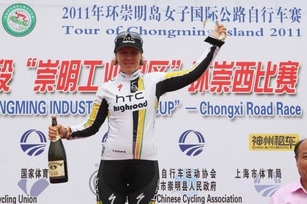 Stage winner and race leader Ina-Yoko Teutenberg (HTC Highroad) on the podium.