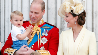 Prince William, Duke of Cambridge, Catherine, Duchess of Cambridge and Prince Louis of Cambridge stand on the balcony of Buckingham Palace during Trooping The Colour, the Queen's annual birthday parade, on June 8, 2019 in London, England