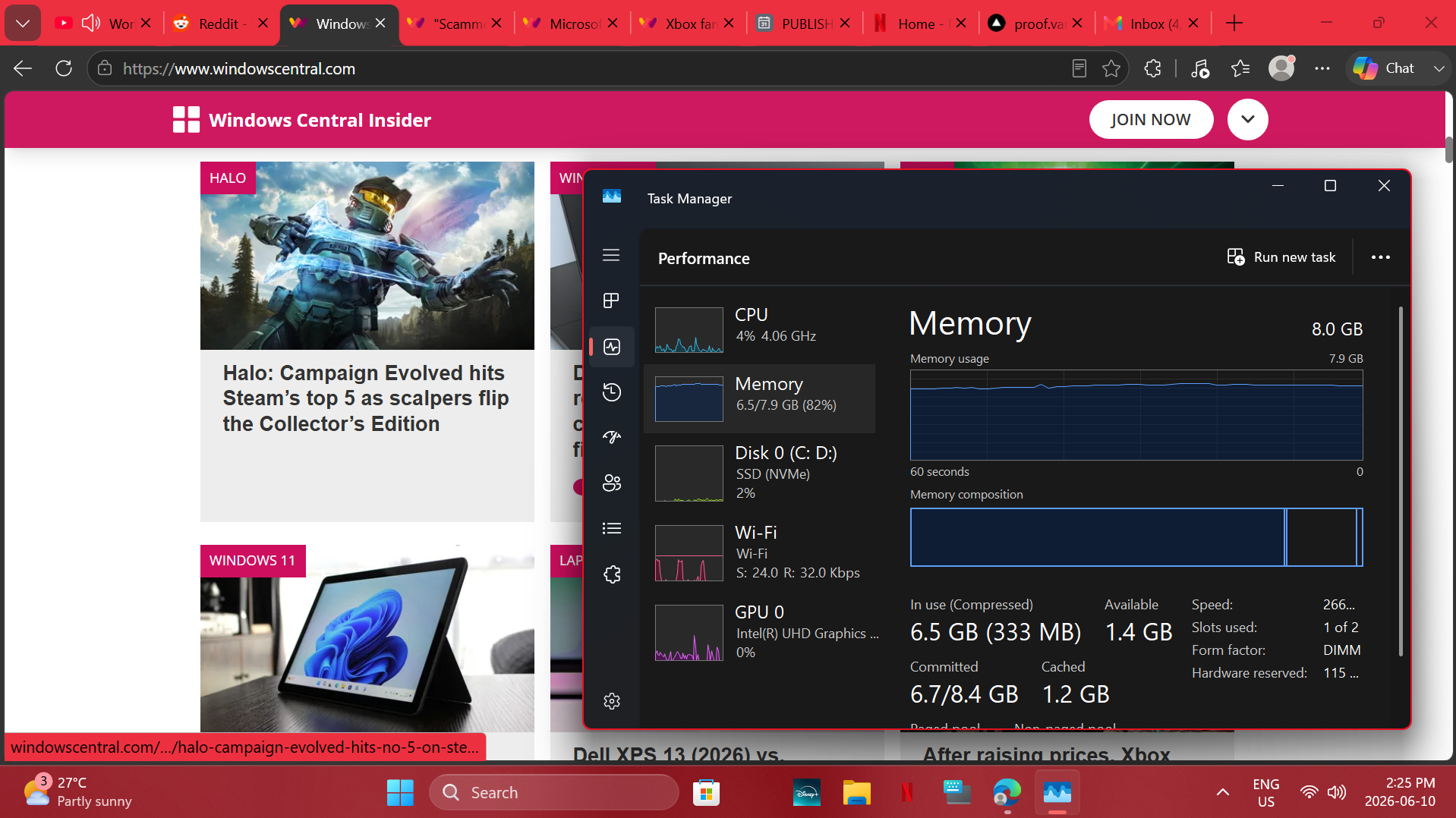 Windows Central webpage and Task Manager window open on a computer screen.