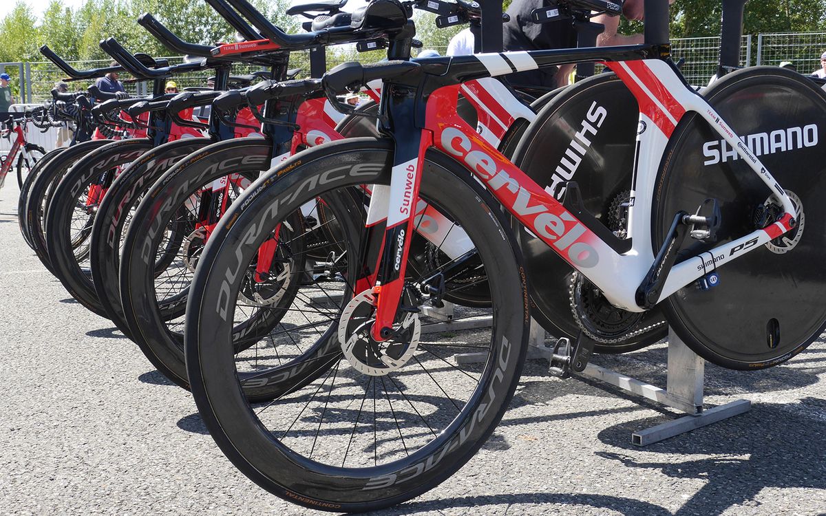 Team Sunweb's Cervelo P5 Disc bikes were paired with Shimano Dura-Ace R9100 C60 Disc front wheels