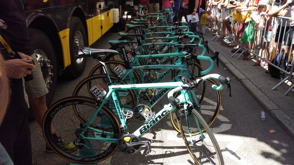 The fleet of Bianchi's at the LottoNL-Jumbo team bus