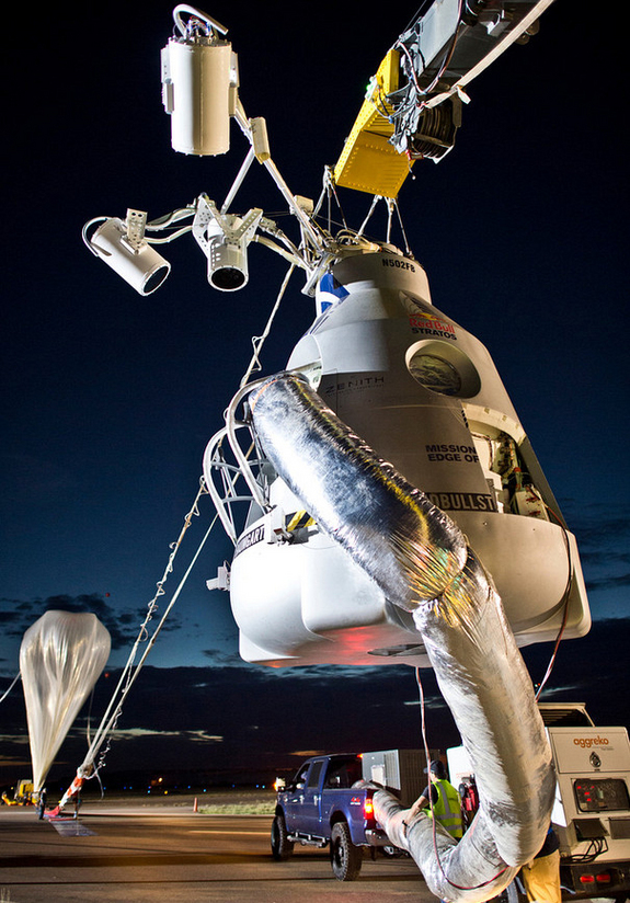 The capsule seen at the flight line during the second manned test flight for Red Bull Stratos in Roswell, New Mexico, USA on July 25, 2012. Red Bull Stratos is a mission to the edge of space to an altitude of 37.000 meters to break several records including the speed of sound in freefall.