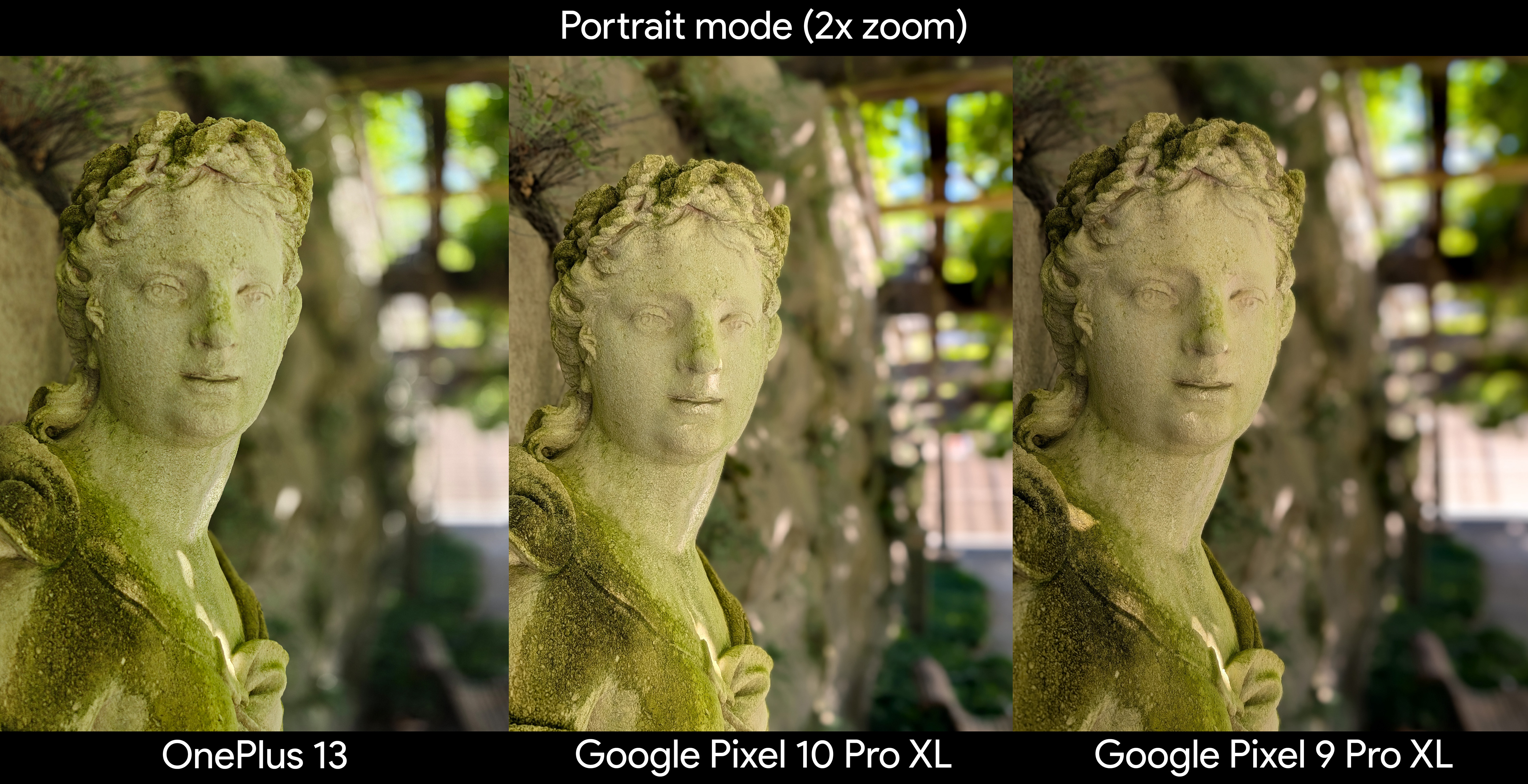 Comparing portrait mode photos of a statue between the Google Pixel 10 Pro XL, Google Pixel 9 Pro XL, and OnePlus 13
