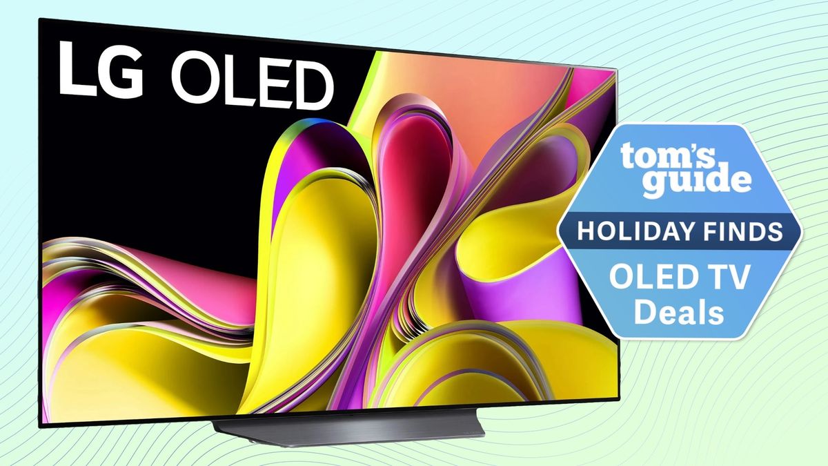 The LG B3 OLED TV against a colorful background, alongside a badge that reads: &quot;Tom&#039;s Guide Holiday Finds: OLED TV Deals&quot;