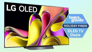 The LG B3 OLED TV against a colorful background, alongside a badge that reads: "Tom's Guide Holiday Finds: OLED TV Deals"