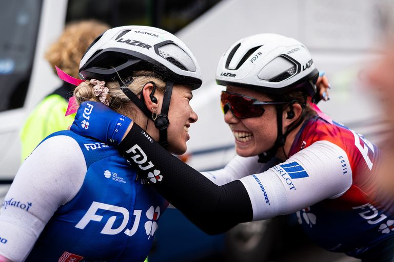 Clara Copponi celebrates with her FDJ-Nouvelle Aquitaine Futuroscope team mates after winning stage one of the 2022 Women's Tour 