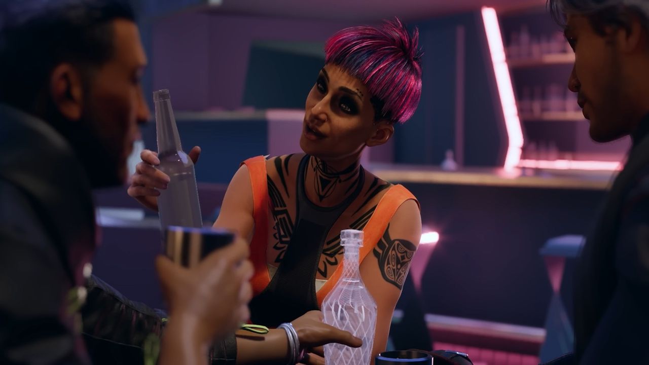 Two companions share a drink with protagonist Jun in sci-fi RPG, Exodus