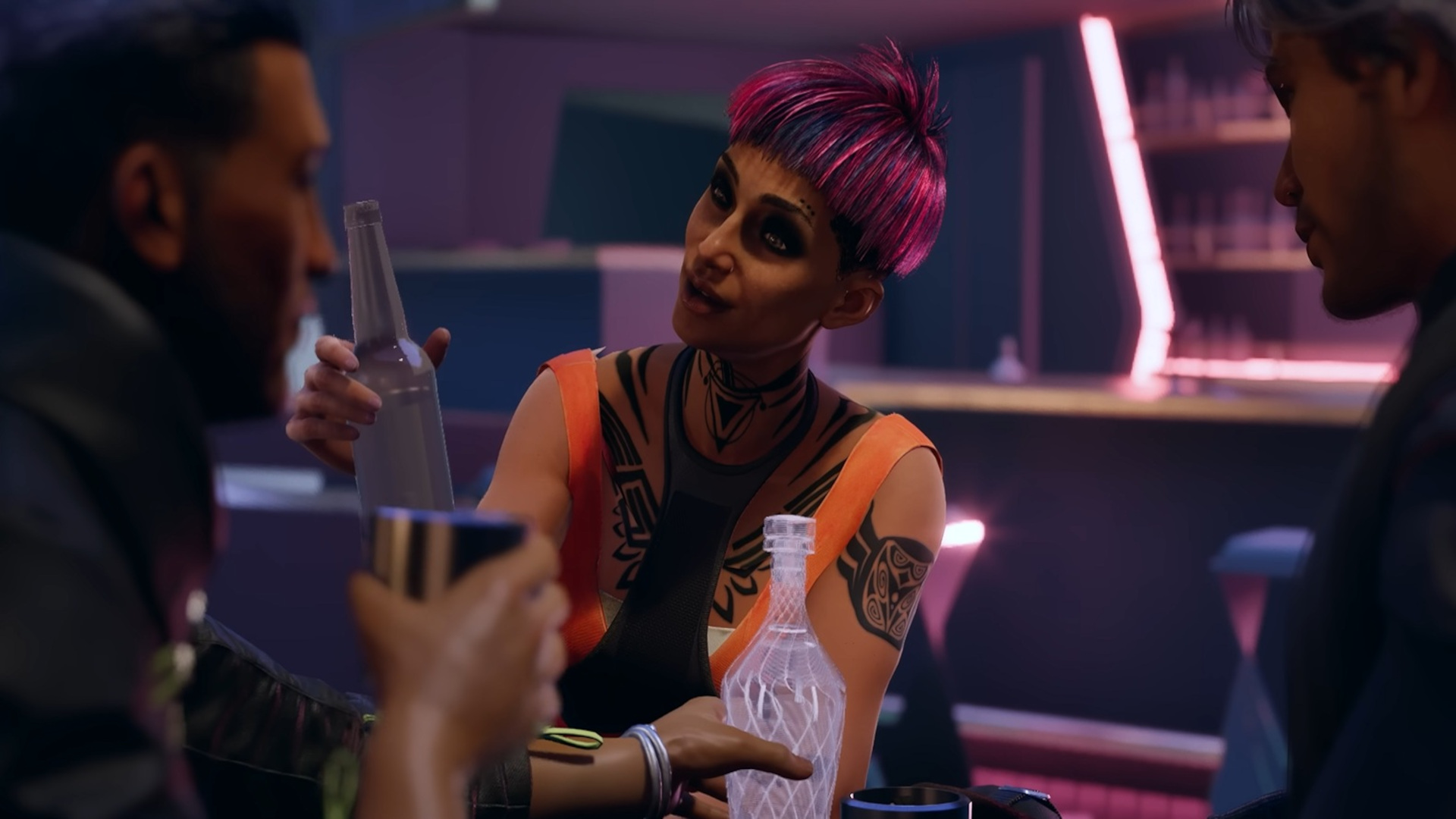 Two companions share a drink with protagonist Jun in sci-fi RPG, Exodus