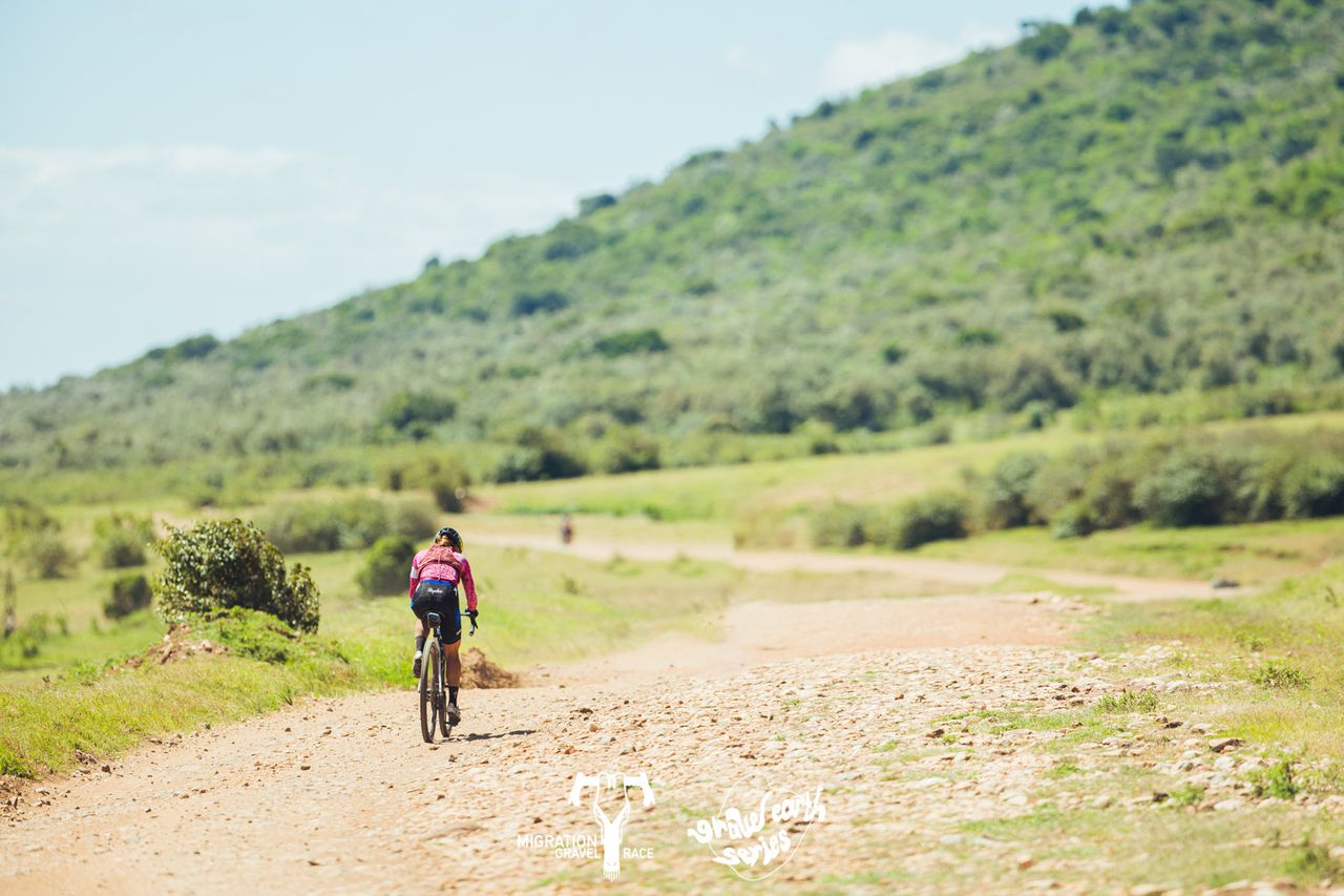 Sarah Sturm on the rough, gravel terrain of 165km stage 4