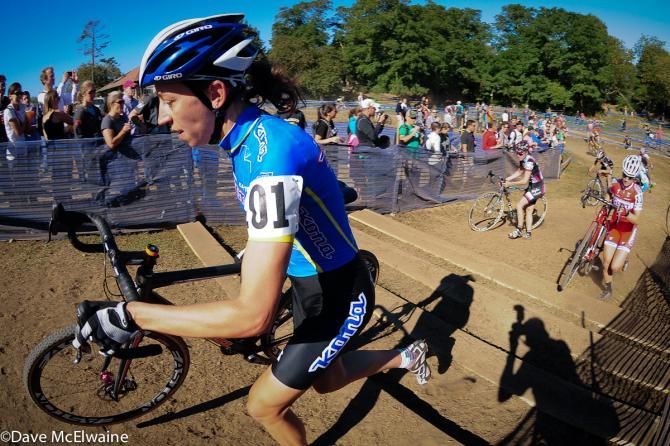 Helen Wyman (Kona Factory Team) leading the race at the stairs
