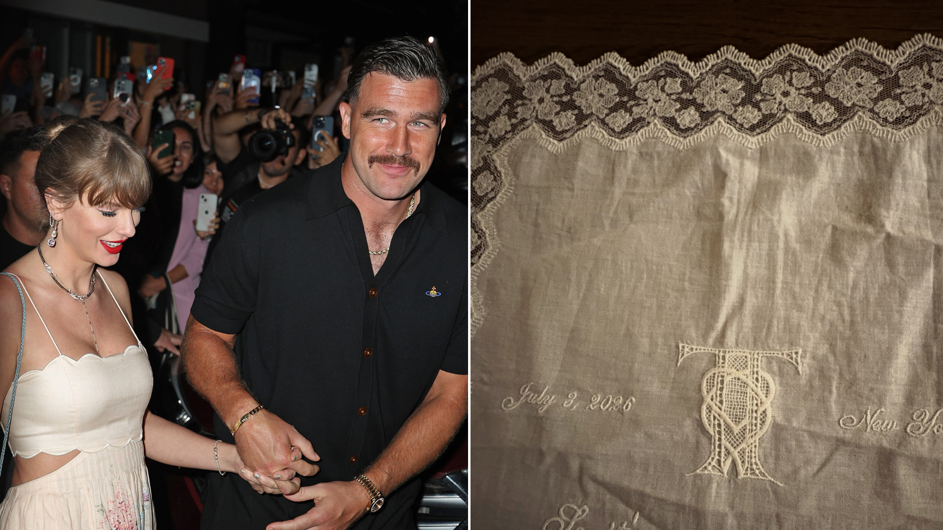 Maren Morris shares a souvenir from Taylor Swift and Travis Kelce's wedding, which is a white embroidered doily napkin featuring lyrics from Blank Space