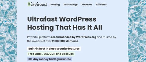 SiteGround homepage screenshot on a water pattern background