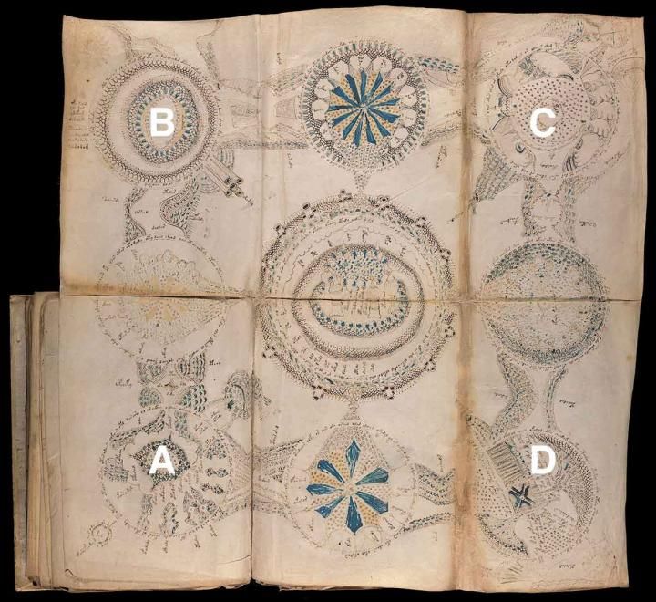 A foldout map in the manuscript depicts tells the tale of a rescue mission to save people from an erupting volcano in the Tyrrhenian Sea that began in February of 1444.