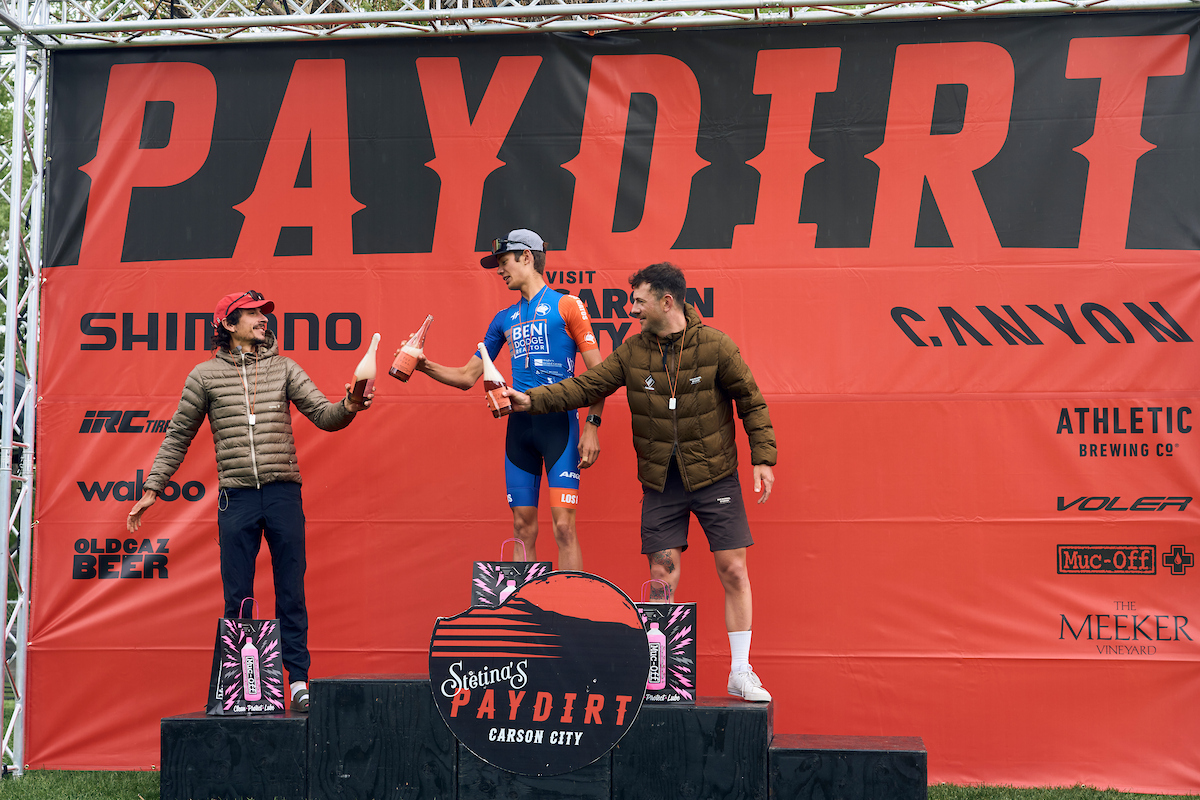 Elite men's podium (L to R) with second-placed Lachlan Morton, winner Justin Peck and third-placed Matthew Wiebe