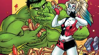 Hulk and Harley Quinn stuffing themselves with hot dogs