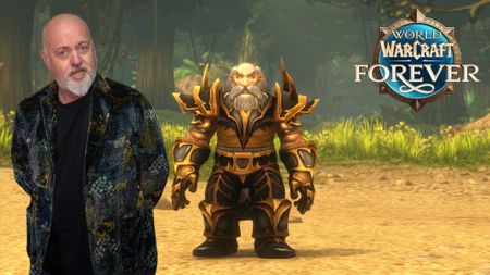 The comedian Bill Bailey pictured with his World of Warcraft avatar and the World of Warcraft Forever logo