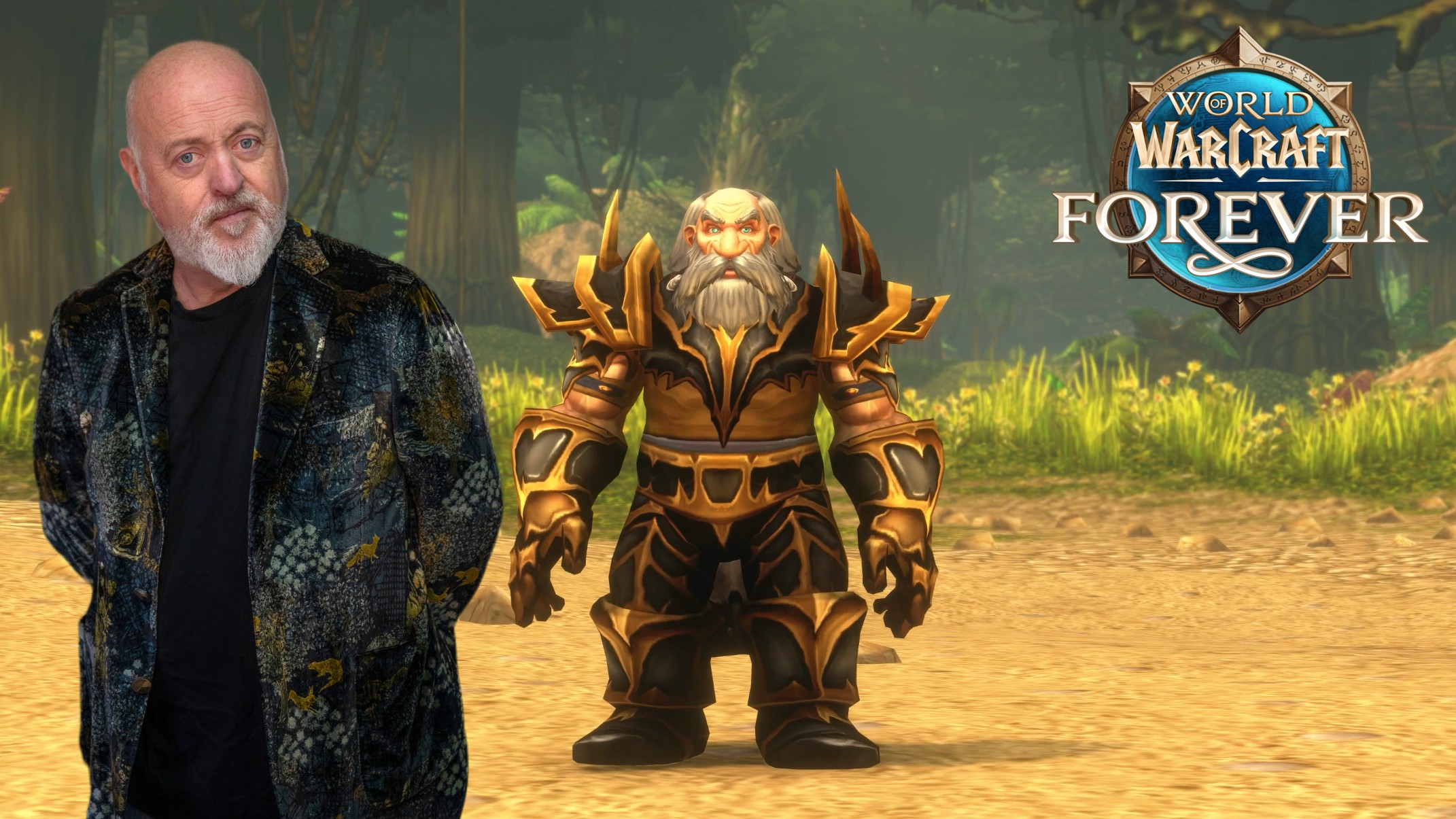 The comedian Bill Bailey pictured with his World of Warcraft avatar and the World of Warcraft Forever logo