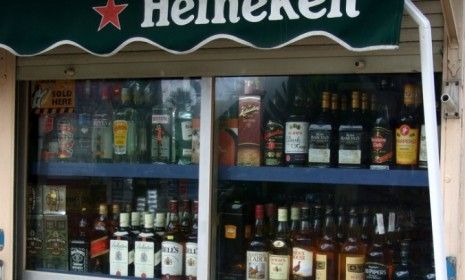 A display window of a liquor shop in Gibraltar, Scotland.