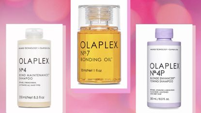 Three of the best Olaplex products within white rectangles on a pink background