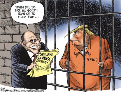 Political cartoon U.S. Trump Rudy Giuliani defense strategy