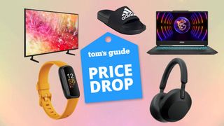 Compilation image showing Samsung DU7100 4K TV, Fitbit Inspire 3 fitness tracker, Adidas Adilette Slide Sandals, Sony WH-1000XM5 headphones, MSI Cyborg 15 gaming laptop.