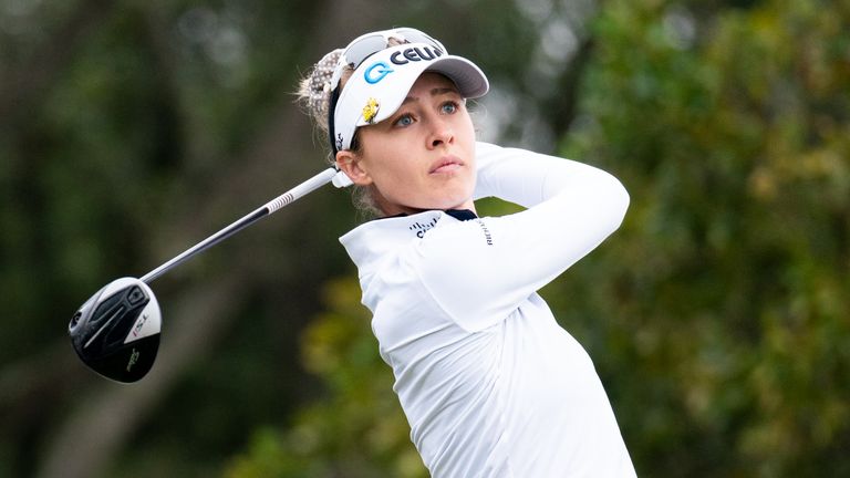 Nelly Korda holds the finish after teeing off at the LPGA Drive On Championship