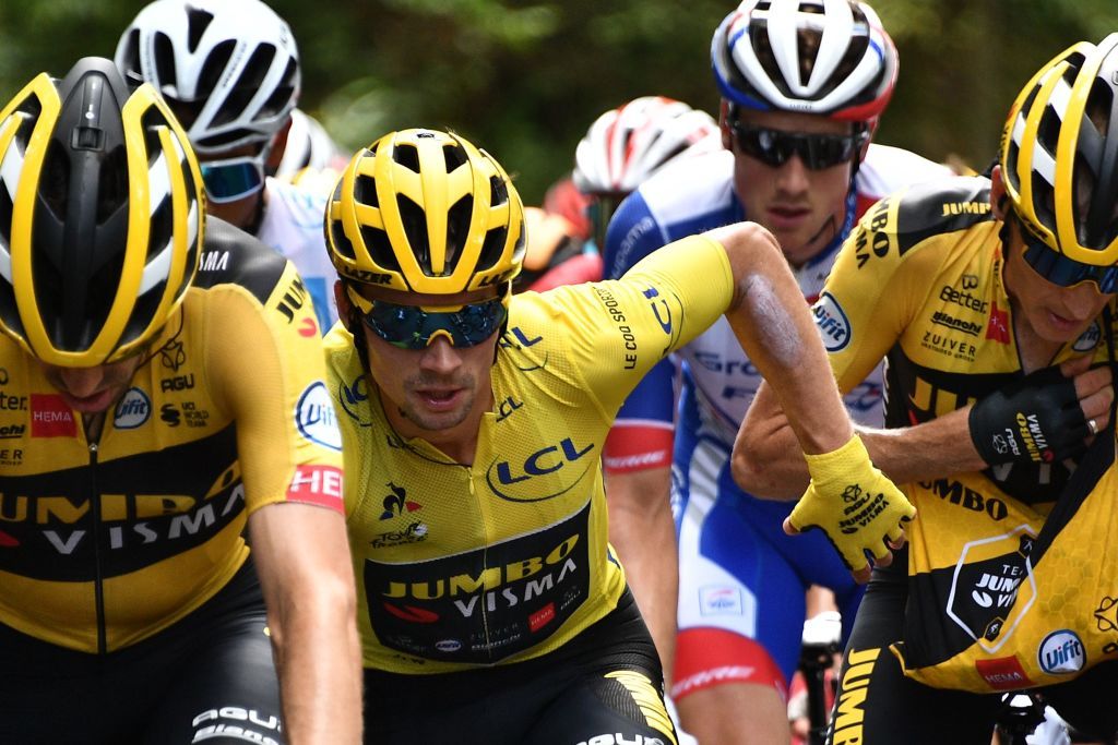 Team Jumbo rider Slovenias Primoz Roglic wearing the overall leaders yellow jersey rides during the 12th stage of the 107th edition of the Tour de France cycling race 218 km between Chauvigny and Sarran on September 10 2020 Photo by AnneChristine POUJOULAT AFP Photo by ANNECHRISTINE POUJOULATAFP via Getty Images