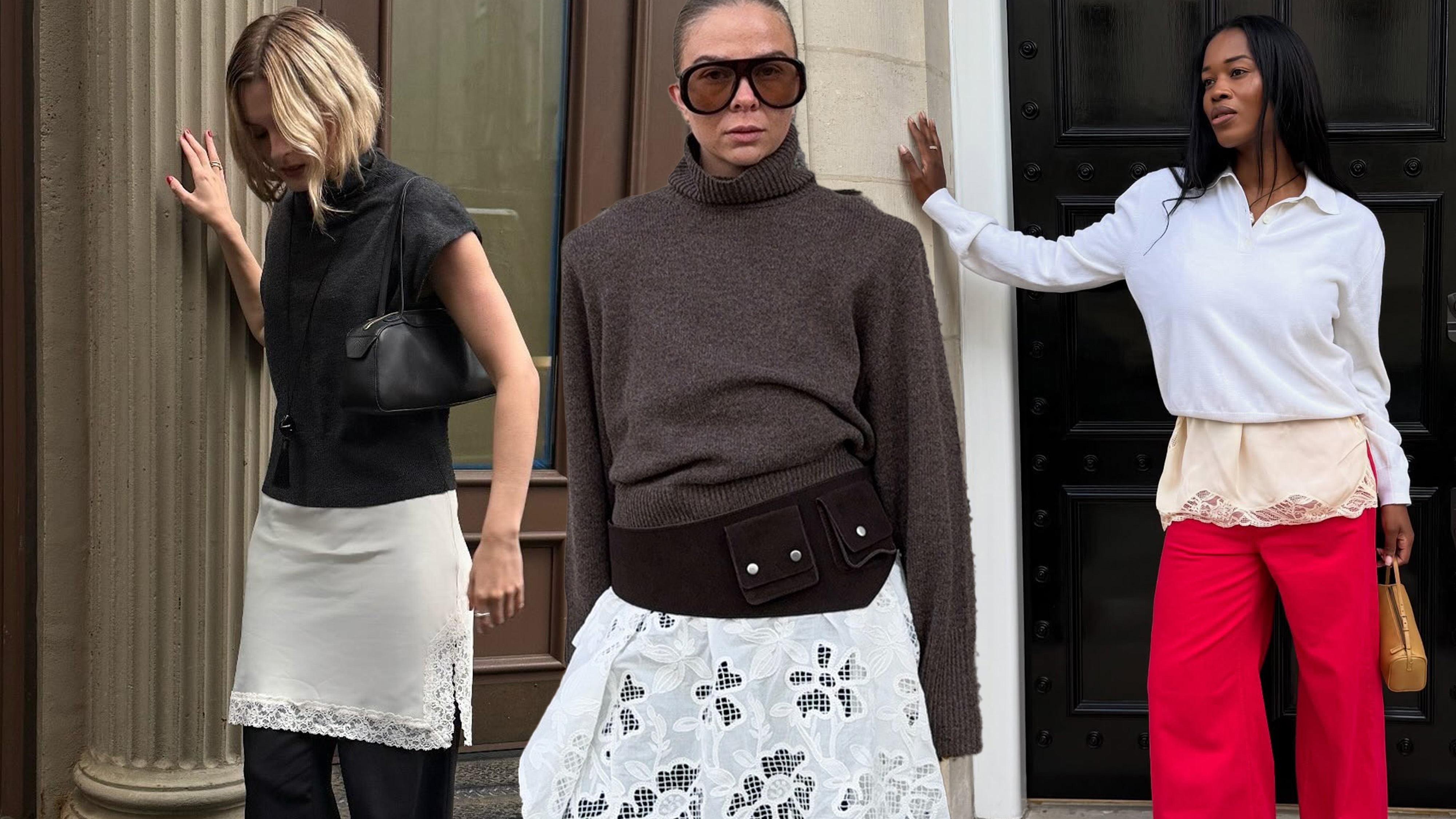 A sweater styling trend is shown in a collage of women&#039;s outfit ideas, where they&#039;re wearing a sweaters layered over slip dresses on top of jeans