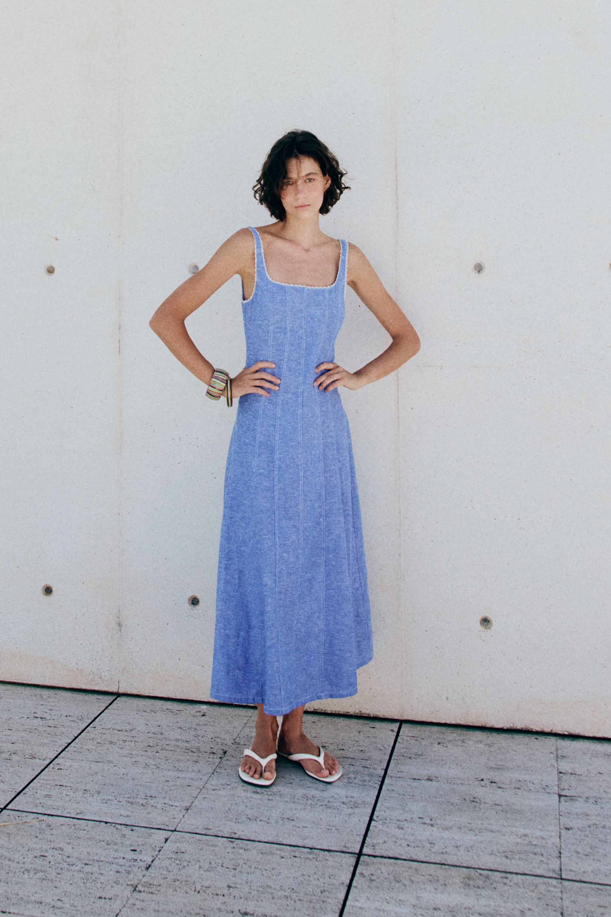 Linen Blend Midi Dress With Lace Trim - Light Blue - Xs