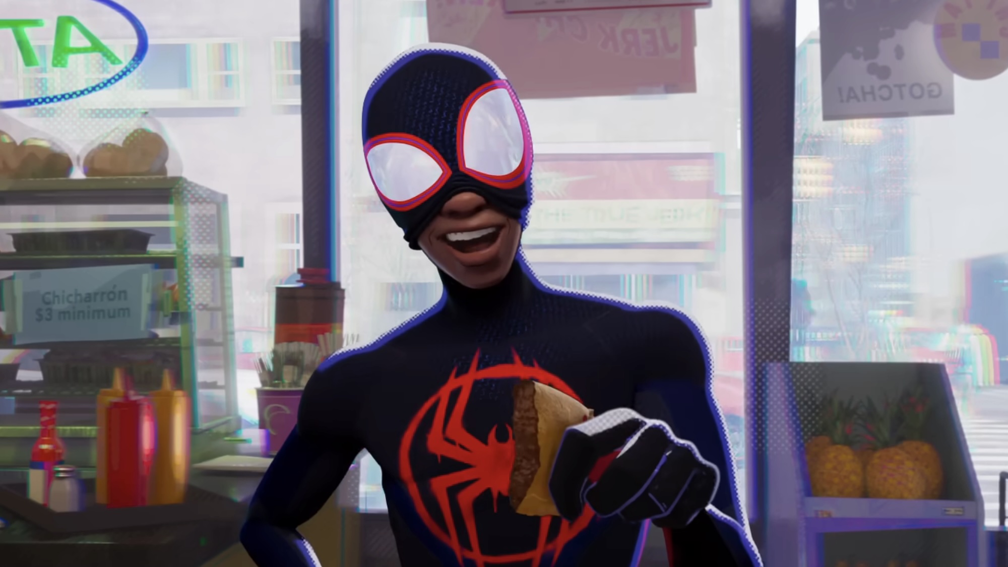 Miles eating sandwich in convenience store in Spider-Man: Across the Spider-Verse