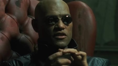 Morpheus (Laurence Fishburne) speaks to Neo in The Matrix.