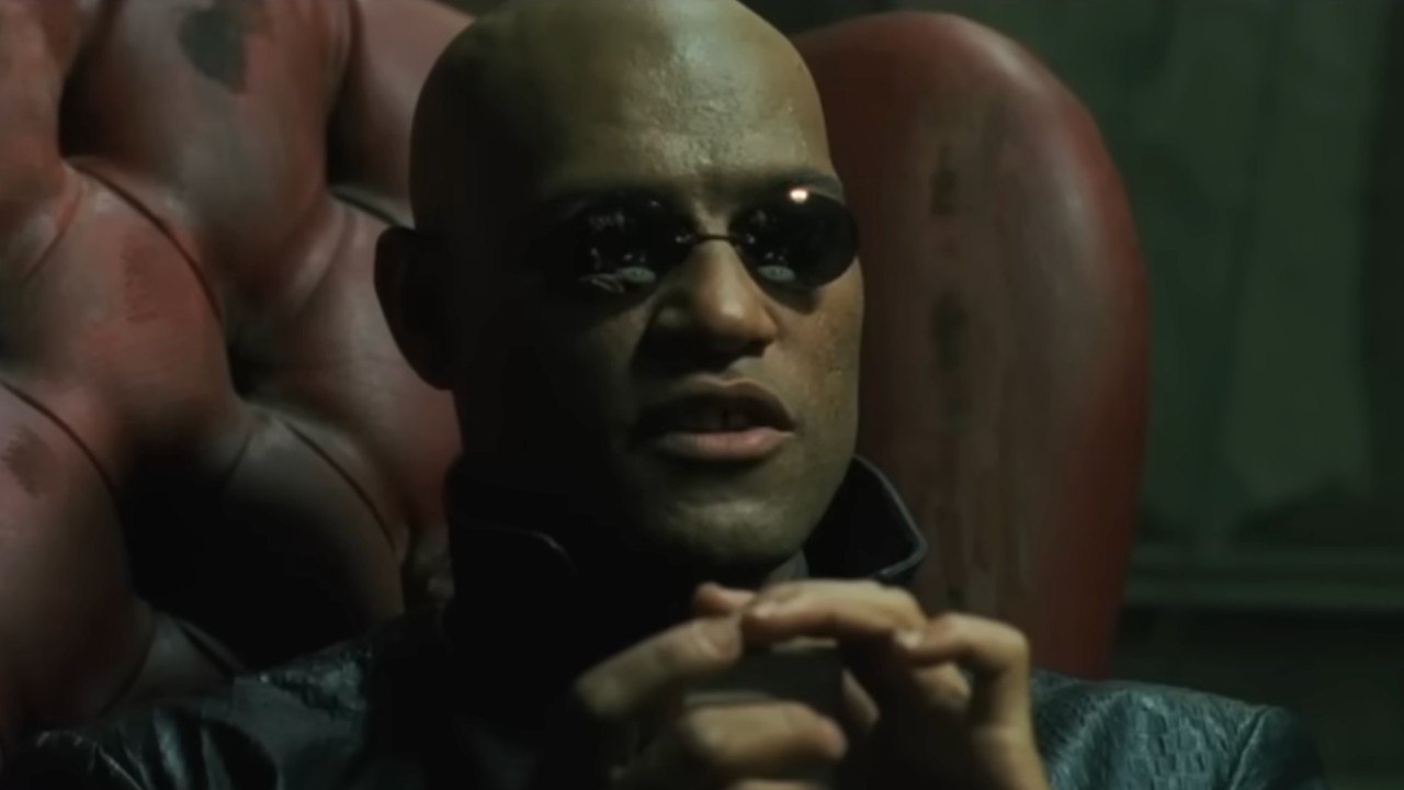 Morpheus (Laurence Fishburne) speaks to Neo in The Matrix.