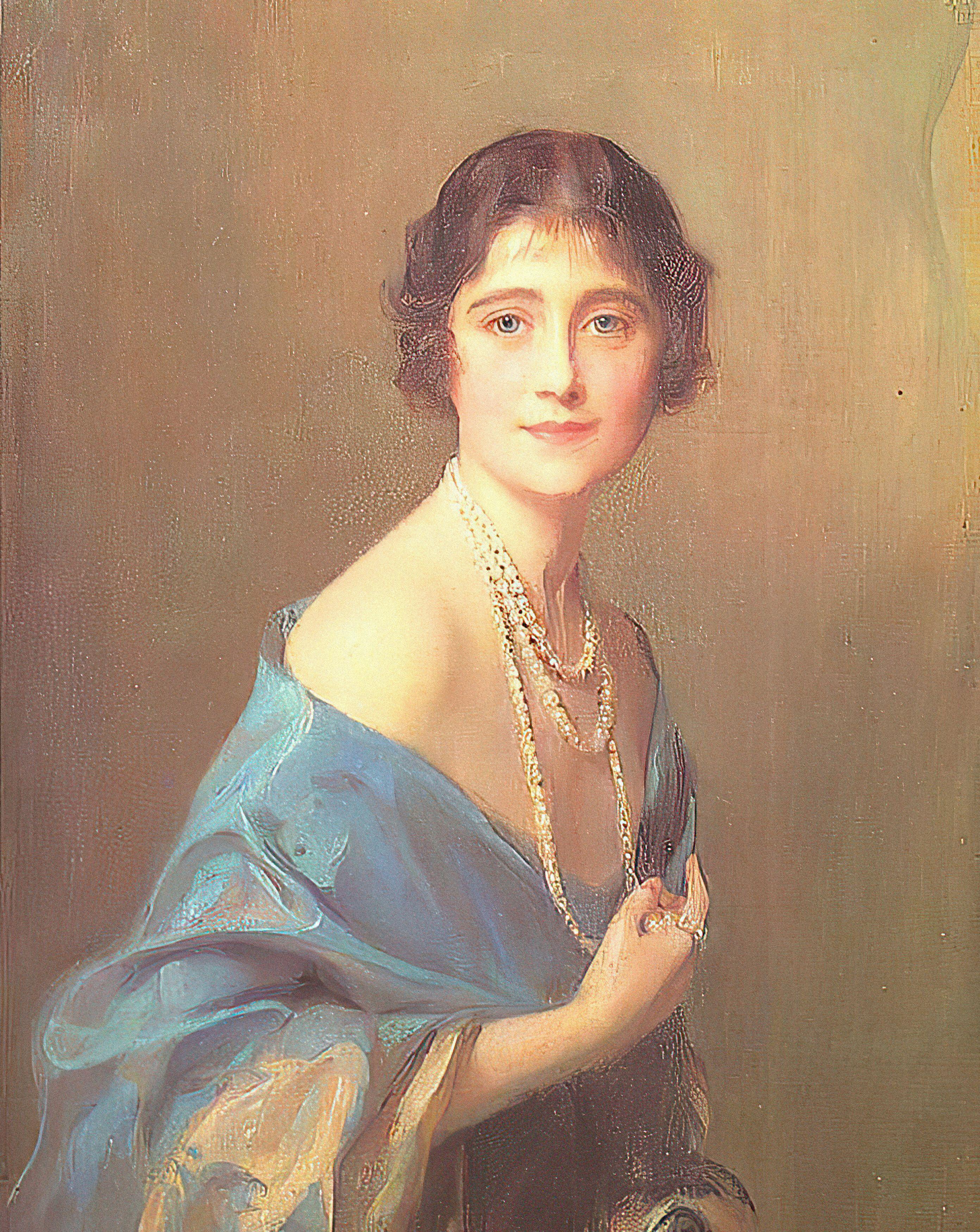 The Duchess of York, later The Queen Mother in a portrait wearing a blue silk dress and strings of pearls