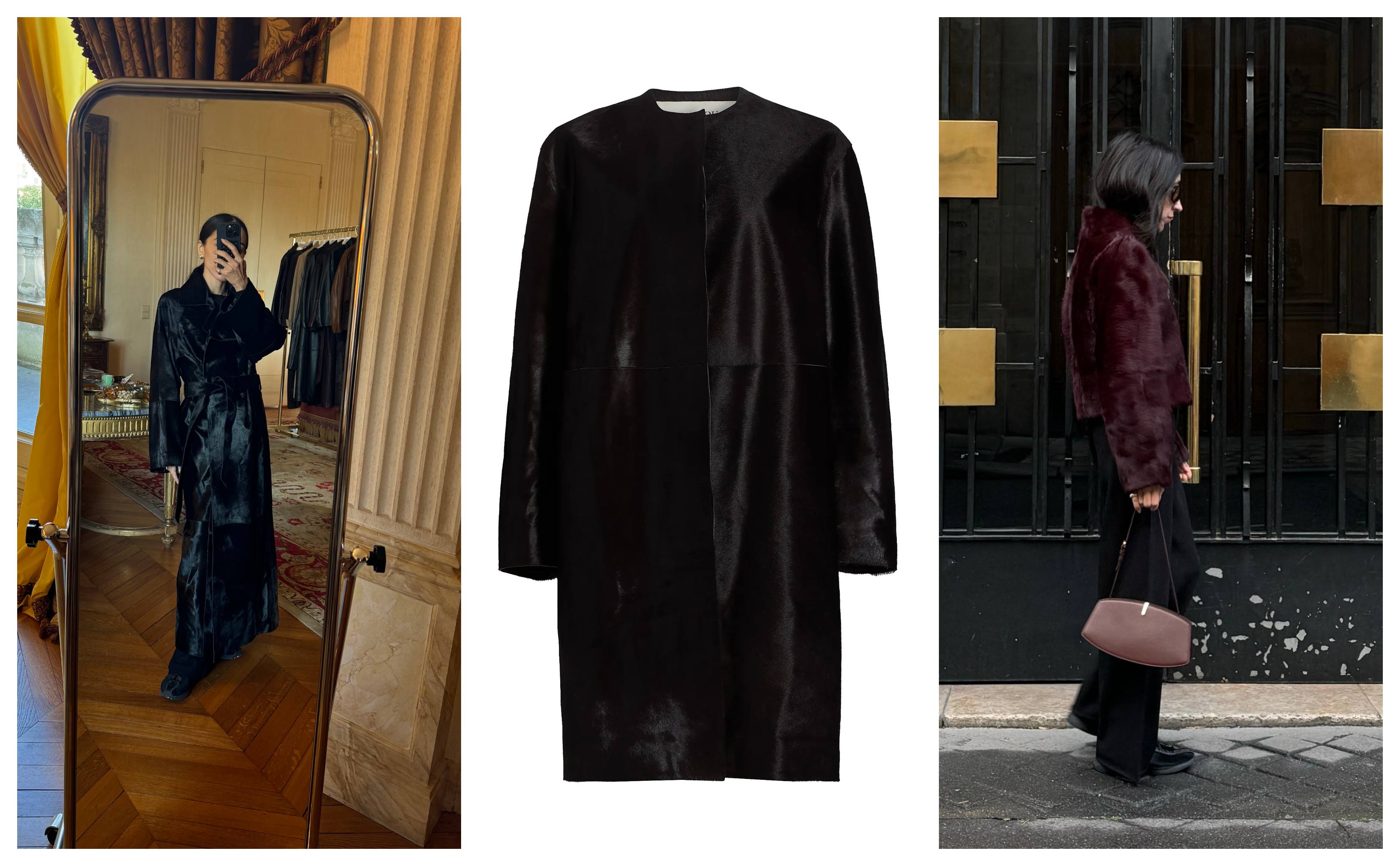 a woman wearing ponyhair coats from paris fashion week in a collage