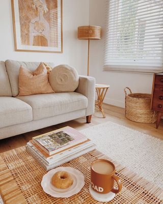 Small beige living room with woven area rug, cream couch and rattan floor lamp