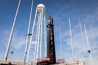 Rocket Lab's first Electron booster at its Virginia launch site makes its debut at the pad at NASA's Wallops Flight Facility on Wallops Island.