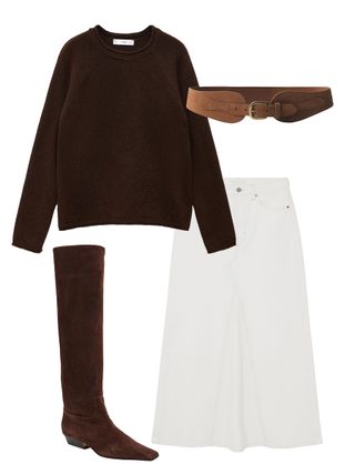 collage of brown sweater, white skirt, brown suede belt, and brown boots