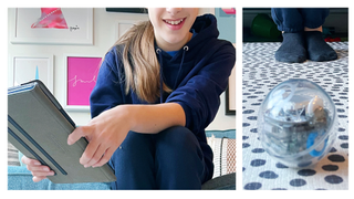 Split screen image of a teenager on the left holding a tablet and a close up of the Sphero ball on the right with a backdrop of spotty rug