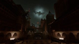 A still from Batman: Arkham Shadow showing the game&#039;s environment, including the Bat Signal in the sky.