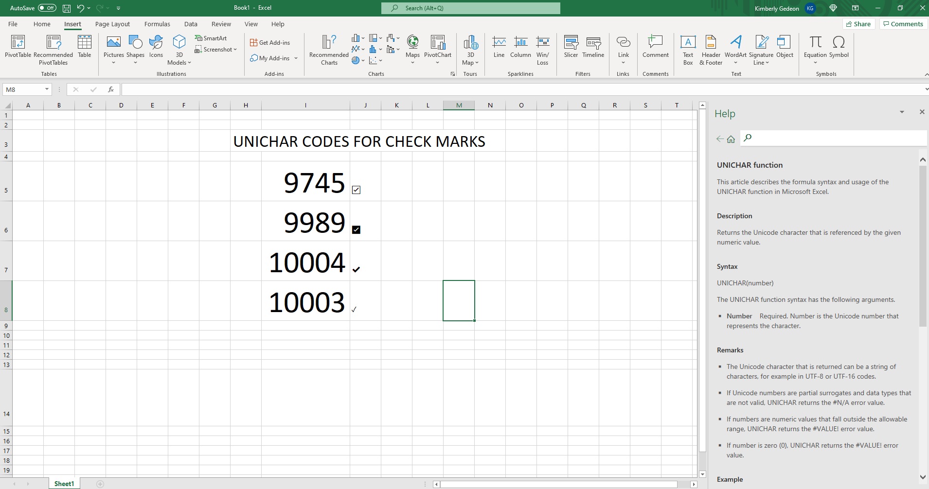 How to insert a check mark in Excel using the UNICHAR function