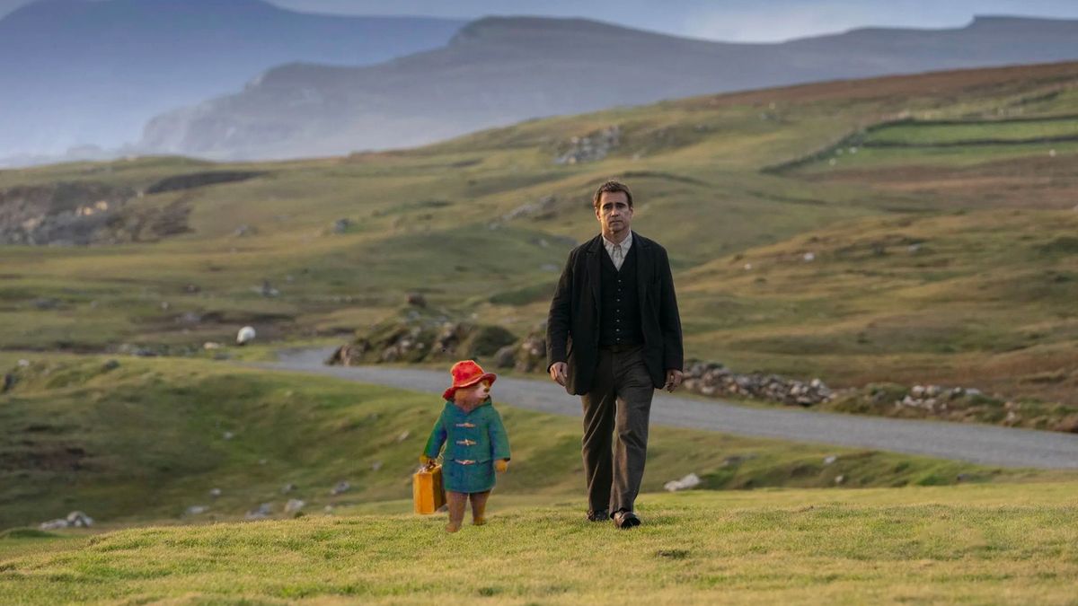 A shot of Paddington Bear photoshopped into a scene from the movie The Banshees of Inisherin