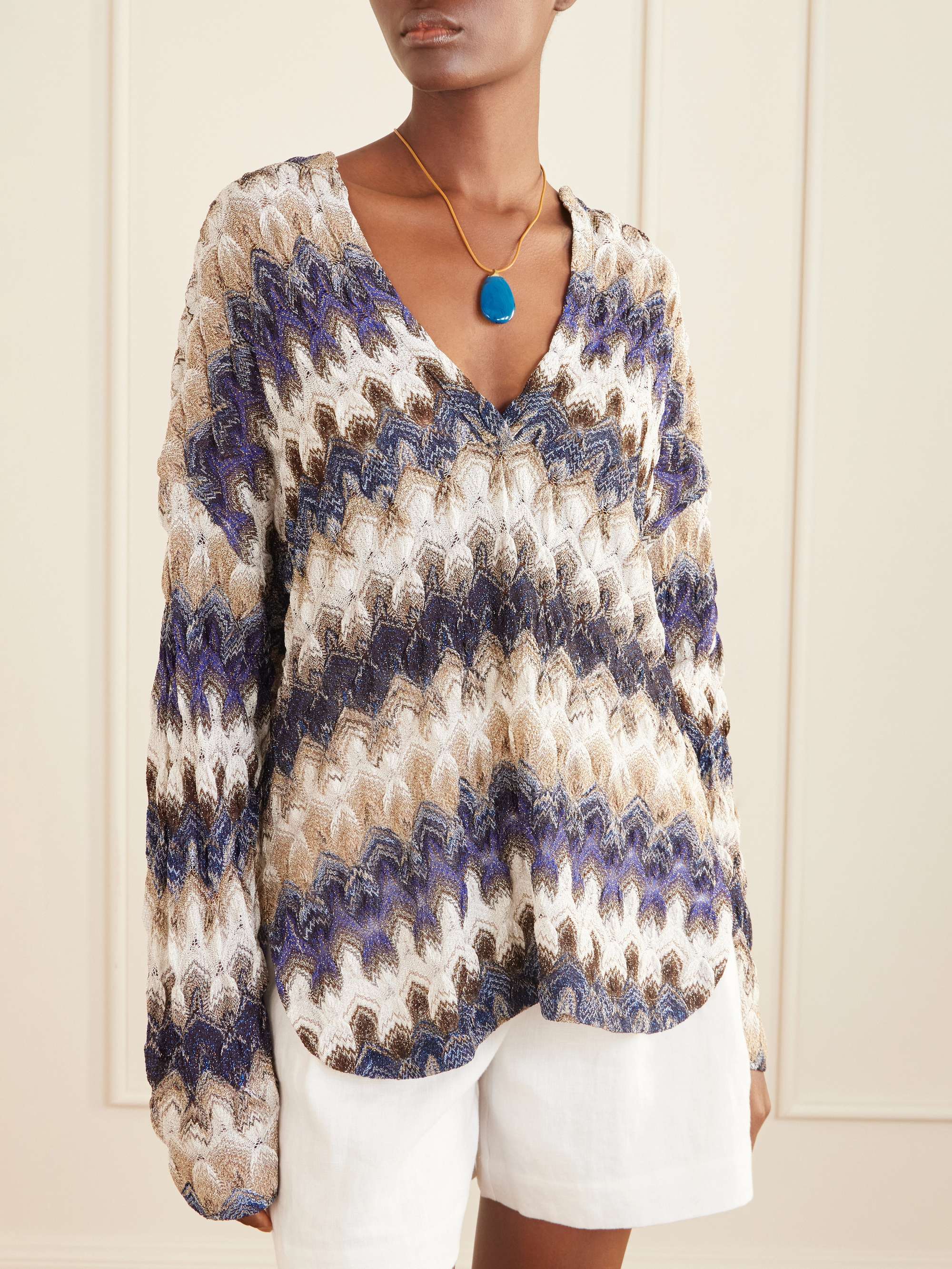 Metallic Crochet-Knit Blouse