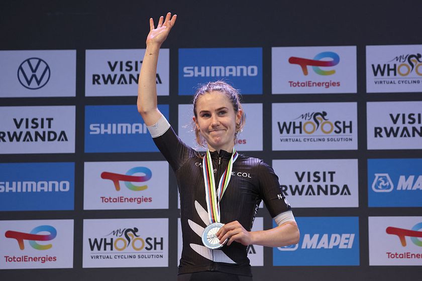 Silver medallist New Zealand rider Niamh Fisher-Black celebrates on the podium following the women&#039;s Elite road race cycling event during the UCI 2025 Road World Championships, in Kigali, on September 27, 2025. (Photo by Anne-Christine POUJOULAT / AFP)