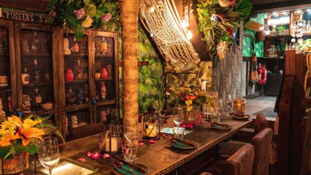 an image of the interiors at Laki Kane which are all tiki / tropical inspired