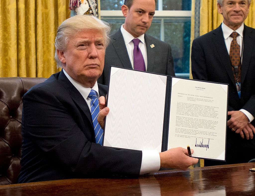 President Donald Trump signed an executive order withdrawing the U.S. from the Trans-Pacific Partnership on Jan. 23, 2017.