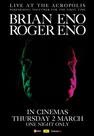 promo poster for Brian + Roger Eno Live at the Acropolis film showing the brothers' faces illuminated in green and pink