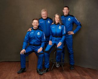 An official crew portrait for the NS-18 mission shows, from left, Chris Boshuizen, co-founder of the Earth-observation company Planet; "Star Trek" actor William Shatner; Blue Origin vice president Audrey Powers; and Glen de Vries, vice chair for life sciences and healthcare at the French software company Dassault Systèmes.