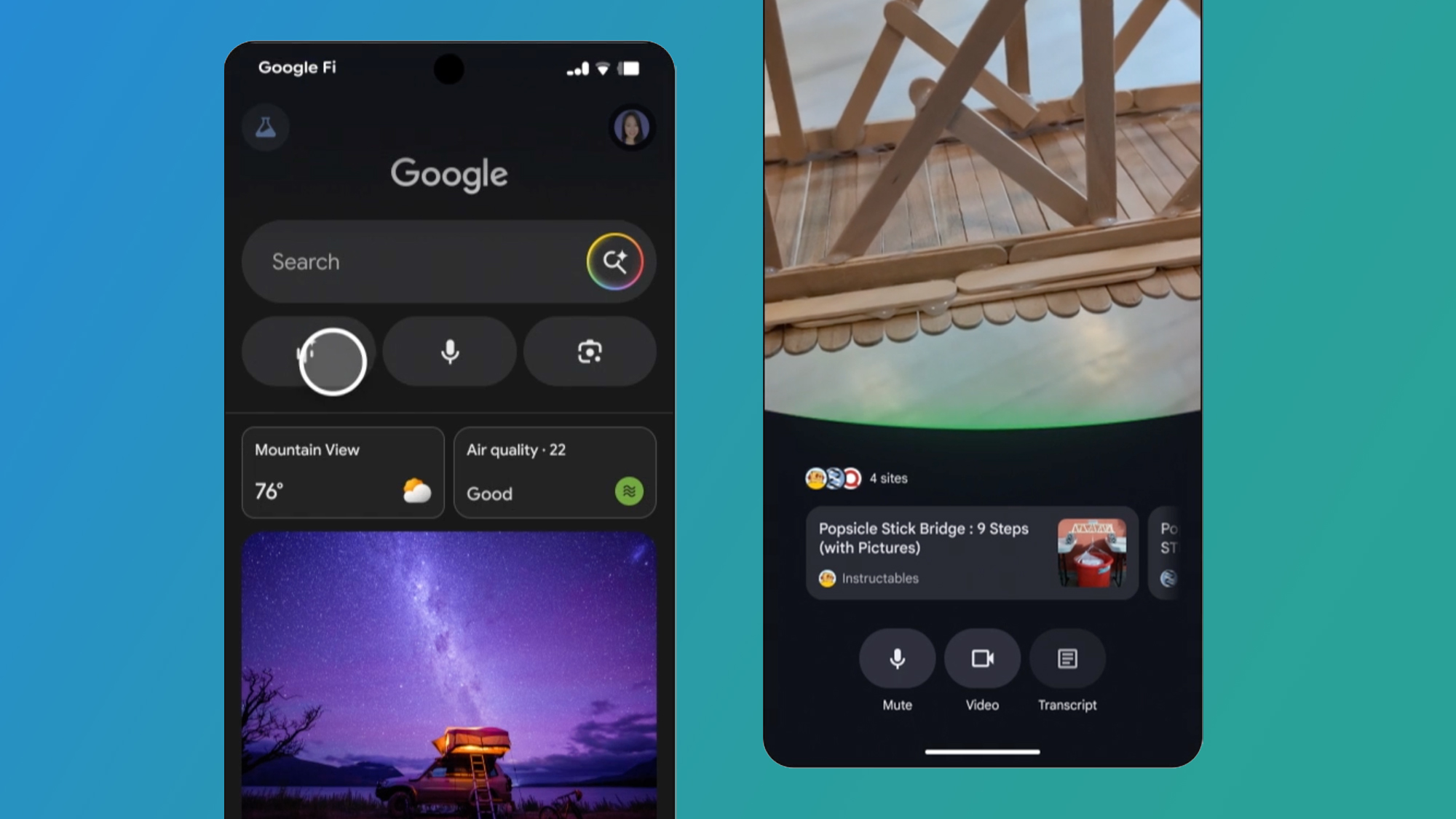 Two phone screens on a blue and green background showing Google Search Live