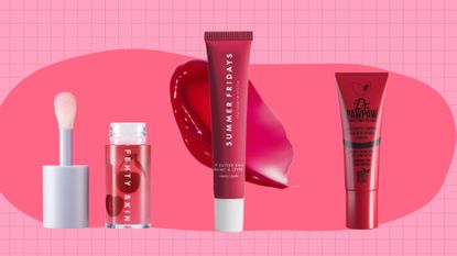 Cherry lip products from Fenty, Summer Fridays and Dr.PawPaw for a piece on Cherry Balm Dot Com alternatives/ in pink and red template
