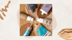 Image of 6 different No7 foundations on a beige background with foundation swatches